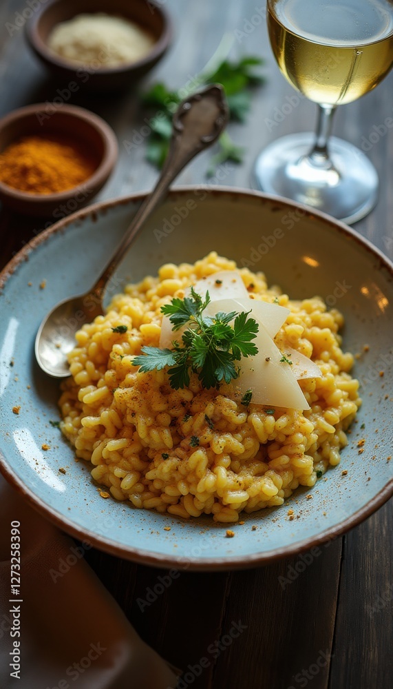 Delicious fusion risotto served with cheese and herbs at an elegant dining table Delicious fusion risotto served with cheese and herbs at an elegant dining table