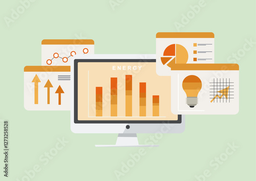 Energy Data Analytics Dashboard with Business Metrics. energy consumption data displayed on computer with charts, graphs, and performance indicators for business intelligence. Vector illustration