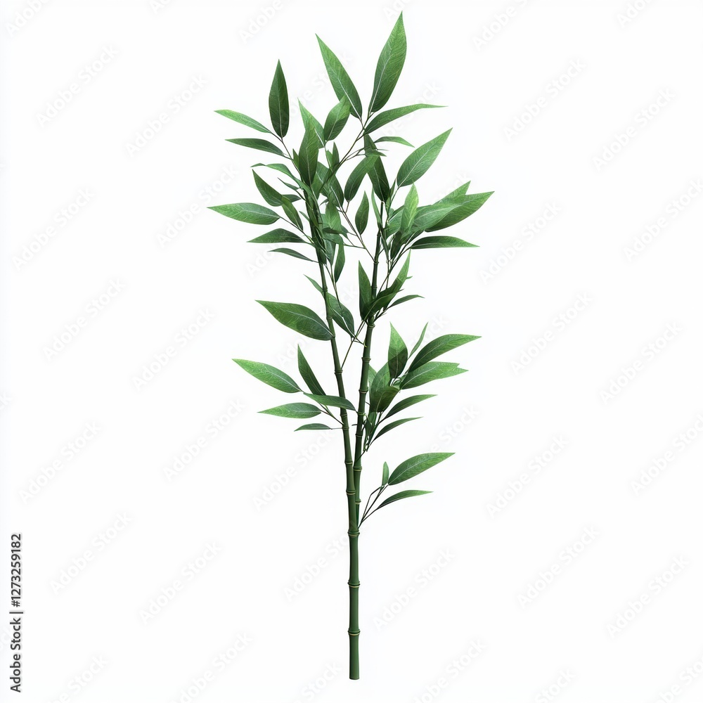 Tall green bamboo stalk with fresh leaves isolated on white background Tall green bamboo stalk with fresh leaves isolated on white background