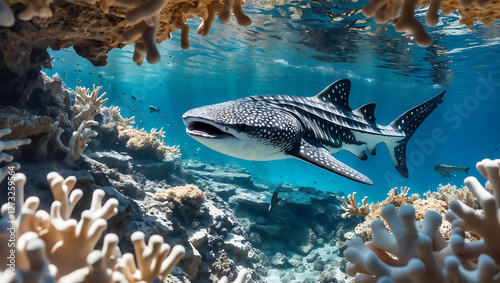 Underwater Scene with Whale Shark and Damaged Coral Reef – Depicting Habitat Loss and the Impact of Human Activities on Marine Life, Featuring Bleached Coral and Deteriorating Ecosystem