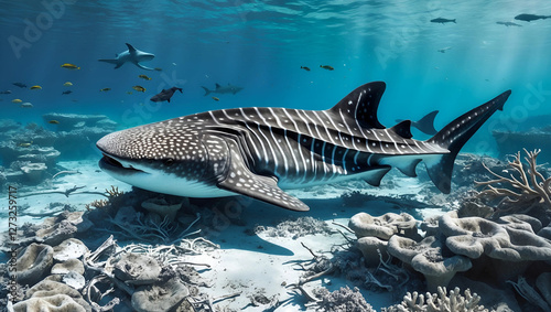 Underwater Scene with Whale Shark and Damaged Coral Reef – Depicting Habitat Loss and the Impact of Human Activities on Marine Life, Featuring Bleached Coral and Deteriorating Ecosystem