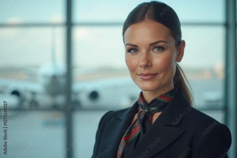 Head and shoulders Portrait of an elegant stylish Macedonian 40 years old female flight attendant in uniform. Head and shoulders Portrait of an elegant stylish Macedonian 40 years old female flight attendant in uniform.