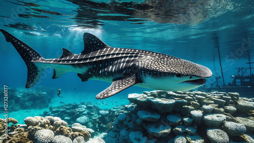 Underwater Scene with Whale Shark and Damaged Coral Reef – Depicting Habitat Loss and the Impact of Human Activities on Marine Life, Featuring Bleached Coral and Deteriorating Ecosystem