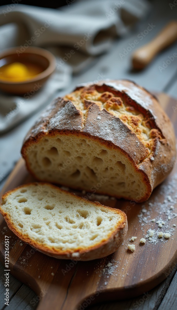 Handcrafted sourdough loaf with perfectly baked crust and soft interior on a wooden cutting board Handcrafted sourdough loaf with perfectly baked crust and soft interior on a wooden cutting board
