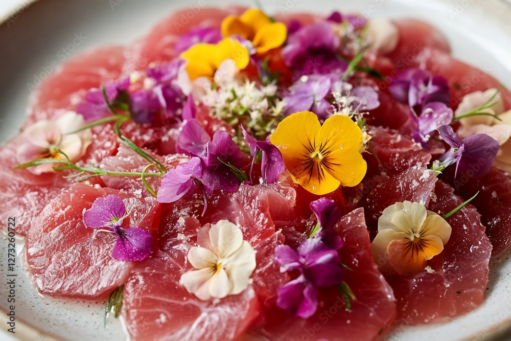 Close-up of thinly sliced raw fish adorned with colorful edible flowers, served on a plate. Close-up of thinly sliced raw fish adorned with colorful edible flowers, served on a plate.