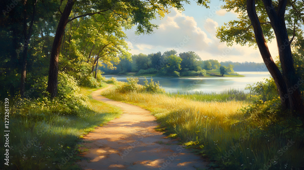 Obraz premium A winding path leading through lush greenery, lined with trees and tall grasses 