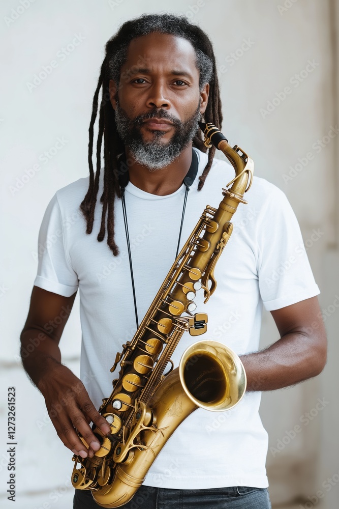 Fototapeta premium A man with dreadlocks is holding a saxophone. He is wearing a white shirt and he is in a serious or focused mood