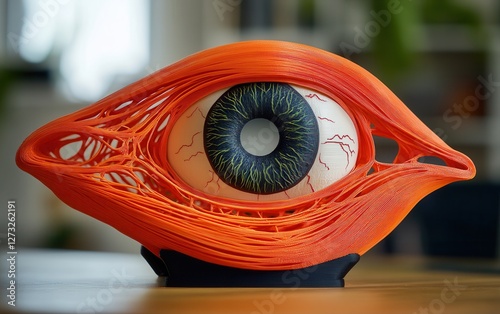 A close-up of a 3D printed model of a huge inhuman eye, showing internal structures and layers.
