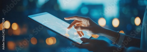 Close-up of hands using a tablet displaying data at night.