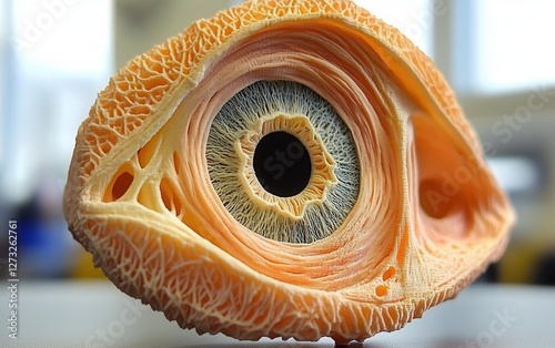 A close-up of a 3D printed model of a huge inhuman eye, showing internal structures and layers.