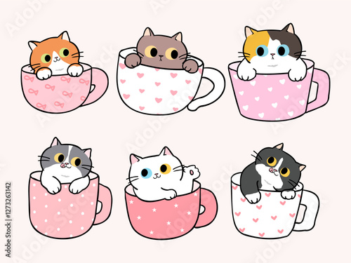 Bild auf Leinwand Vector Illustration of Cute Cartoon Cat in Cup Design on Isolated Background