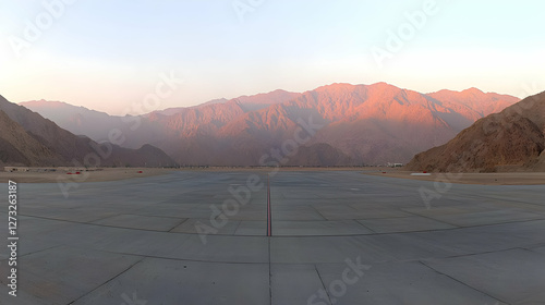 Empty Airport Runway at Sunrise, Mountain Background photo