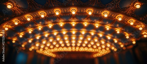 Carousel lights shine, ornate ceiling, indoor amusement