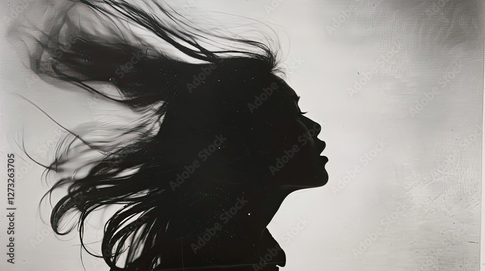 Fototapeta premium A blurred black and white photograph of the silhouette of an Asian woman with long hair, standing in front of a plain background