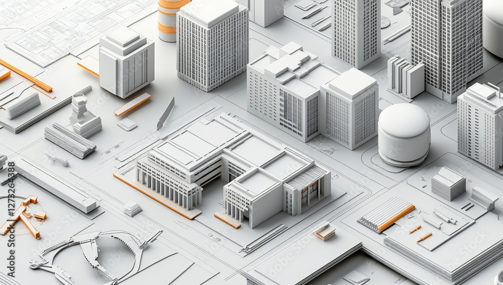 Isometric city model with buildings, infrastructure, and architectural plans. Isometric city model with buildings, infrastructure, and architectural plans.