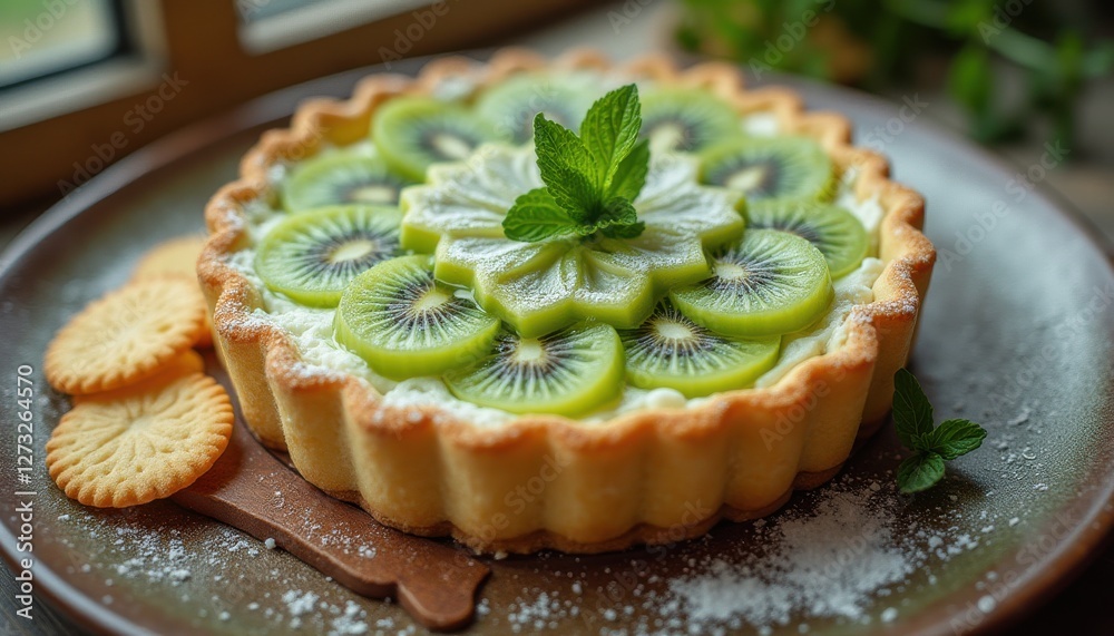 Refreshing kiwi tart garnished with mint and served with cookies on a rustic wooden table Refreshing kiwi tart garnished with mint and served with cookies on a rustic wooden table