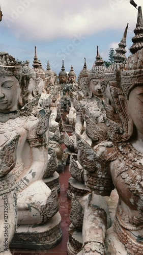 Camera flight over a site with a large number of small Buddhist statues