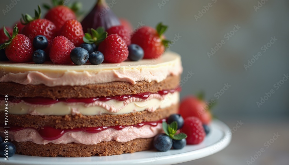 Moist layer cake topped with fresh berries and figs on a decorative plate in soft natural light Moist layer cake topped with fresh berries and figs on a decorative plate in soft natural light