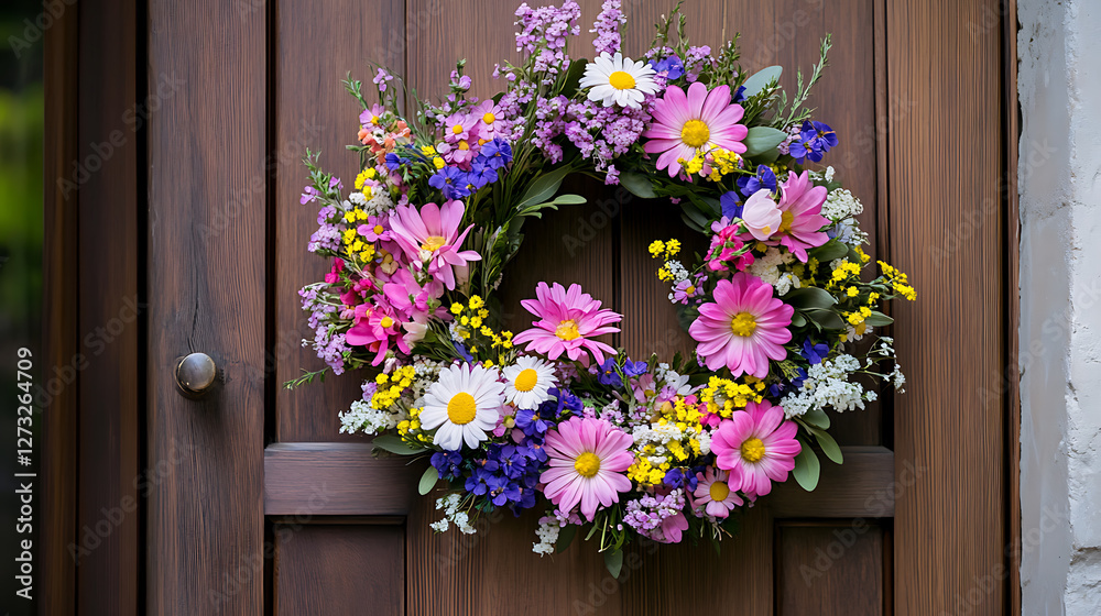 Naklejka premium Close Up Shot of Multicolored Floral Wreath Hanging on a Dark Brown Wooden Door