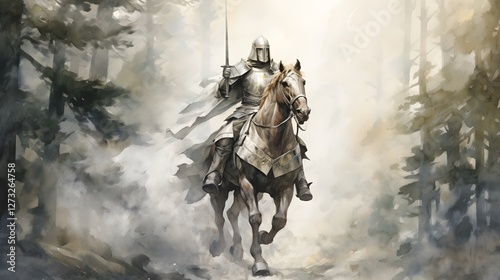 Majestic Knight on Horseback Riding Through Misty Forest Medieval Fantasy Art