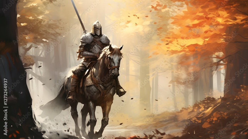 Medieval Knight on Horseback Riding Through Autumn Forest Landscape Medieval Knight on Horseback Riding Through Autumn Forest Landscape