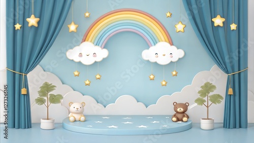 Whimsical Baby Podium Background with Cute Cloud and Rainbow 3D Scene for Kids’ Display