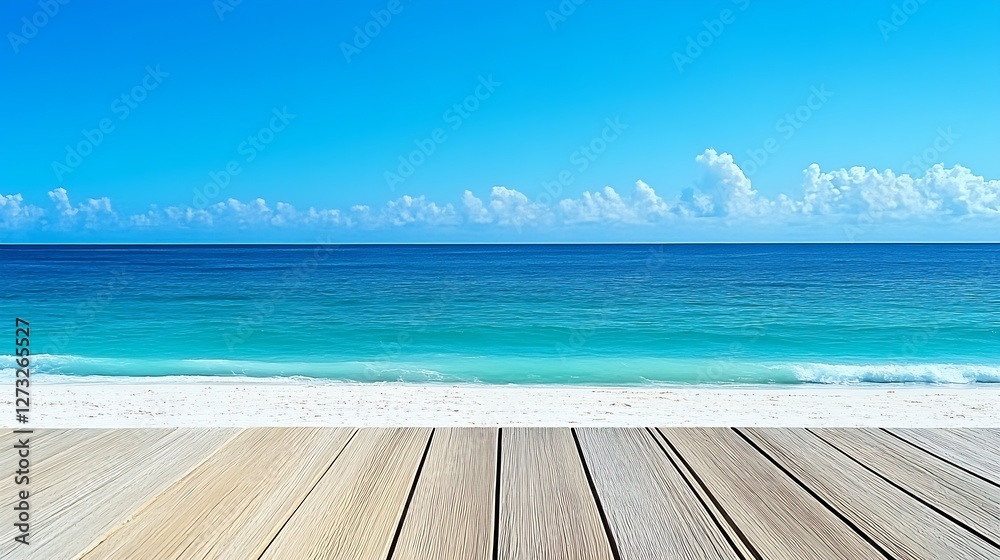 Fototapeta premium Stunning tropical beach view with wooden deck and crystal clear water under bright blue sky : Generative AI