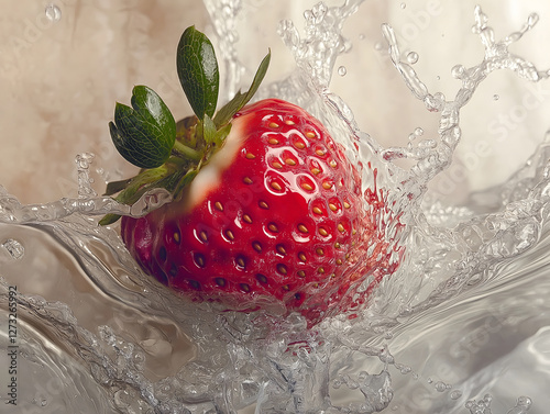 Strawberry: A vibrant strawberry bursts into a refreshing water splash, creating dynamic movement and showcasing the fruit's freshness. Capturing the essence of summer and healthy eating.