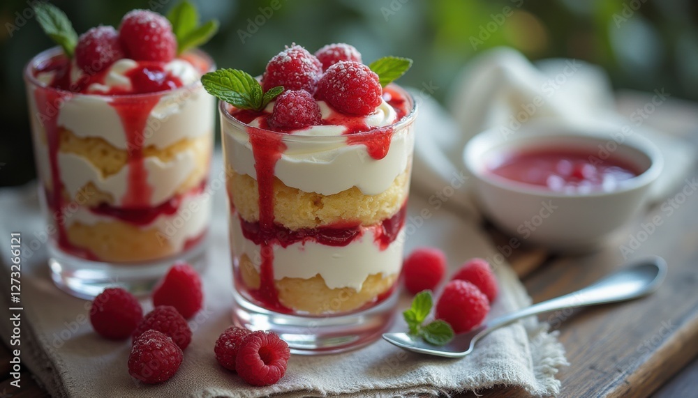 Delightful trifle with layers of cream, cake, and fresh raspberries served in elegant glass cups Delightful trifle with layers of cream, cake, and fresh raspberries served in elegant glass cups