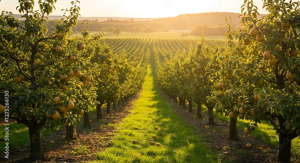 Naklejka premium Take a scenic photo of a pear orchard with trees laden with ripe pears, bathed in natural sunlight for a fresh and vibrant feel