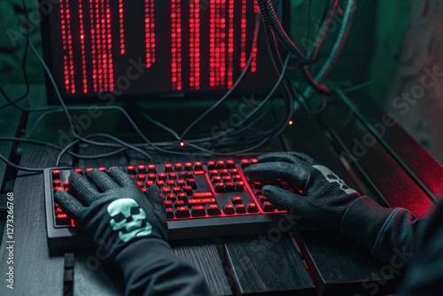 A hacker in gloves types on a backlit keyboard, surrounded by glowing red code on a screen, creating a clandestine atmosphere. photo