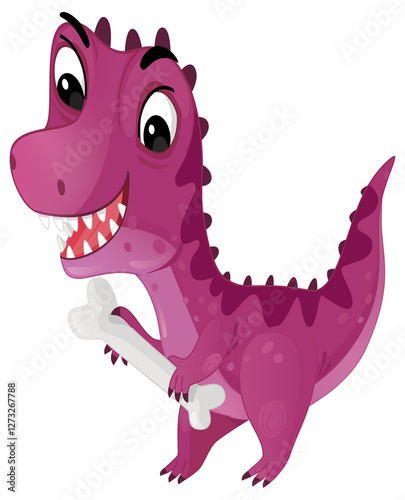 cartoon scene with happy prehistoric animal tyrannosaurus trex velociraptor dino dinosaur smiling walking and biting eating bone isolated on white background illustration for children