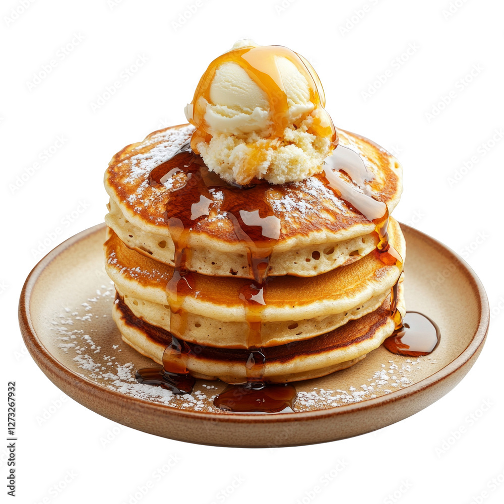A stack of pancakes with syrup and ice cream on top A stack of pancakes with syrup and ice cream on top