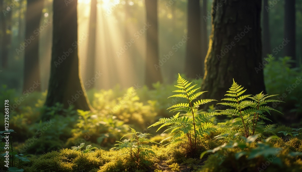 Fototapeta premium Dreamlike forest with sunlight filtering through trees creating a serene atmosphere