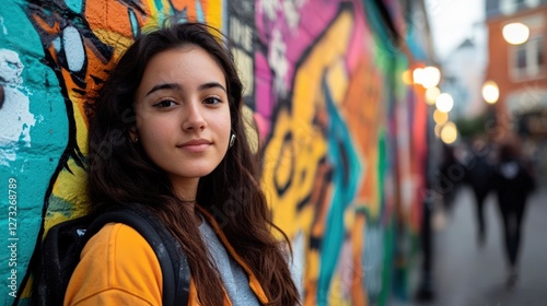 Young woman posing in front of a vibrant graffiti wall in a lively urban setting. Colorful art enhances her natural beauty.