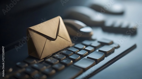 Close-up of a small paper envelope on a computer keyboard, with a mouse in the background. photo