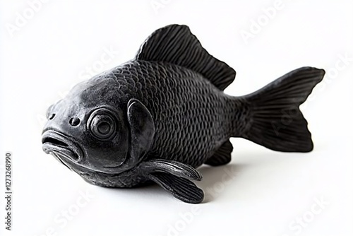 Black sculpted fish figurine isolated on white background.