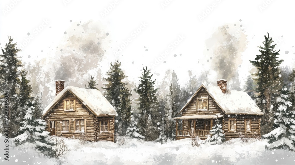 Fototapeta premium Rustic Wooden Cottages Surrounded by Snowfall