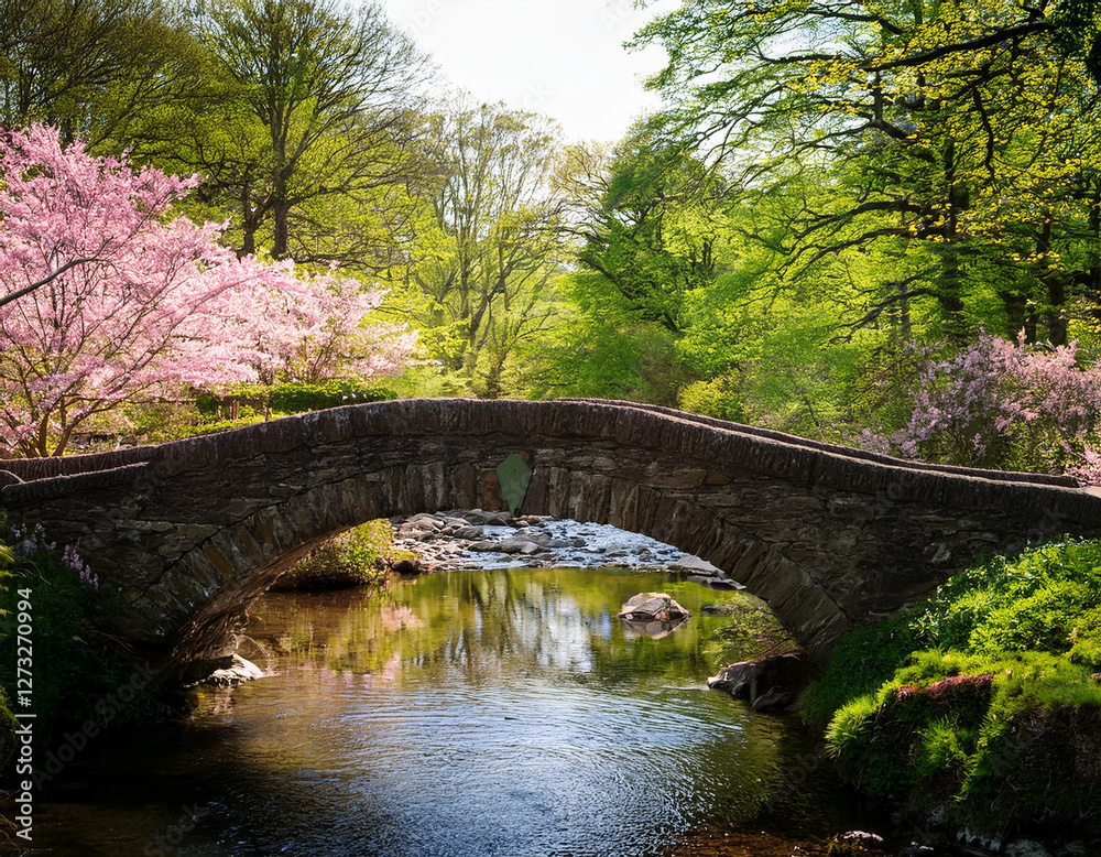 A picturesque stone bridge crossing over a sparkling creek, surrounded by lush spring foliage and blooming flowers. A picturesque stone bridge crossing over a sparkling creek, surrounded by lush spring foliage and blooming flowers.