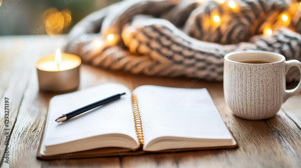 Fototapeta premium A cozy scene featuring a notebook with a pen, a warm blanket, a candle, and a cup of coffee, creating a perfect atmosphere for relaxation and reflection.