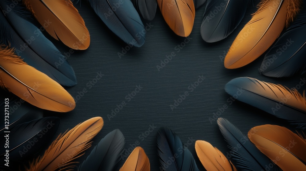 Obraz premium Circular feather arrangement in black and gold on dark background. luxury branding