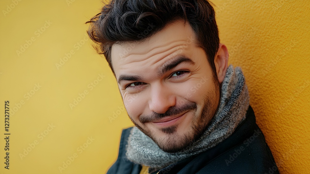 A young man stands confidently, smiling warmly as he leans against a bright yellow wall. He wears a cozy scarf, giving a relaxed vibe amid a cheerful setting. A young man stands confidently, smiling warmly as he leans against a bright yellow wall. He wears a cozy scarf, giving a relaxed vibe amid a cheerful setting.