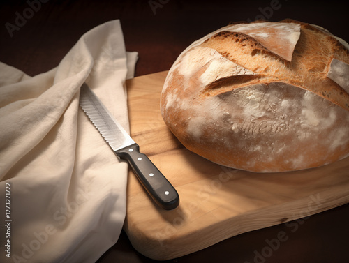 A warm, fresh sourdough loaf straight out of the oven, its crust golden and crispy, with steam still rising from its interior, ready to be sliced.