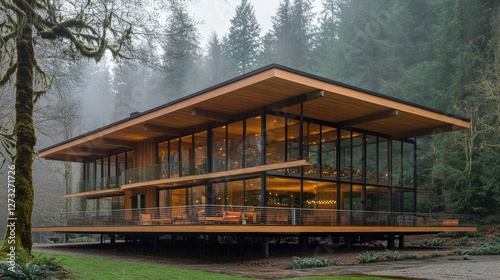 A minimalist house with aluminum balcony railings and large floor-to-ceiling windows