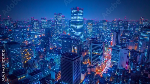 Wallpaper Mural A mesmerizing nightscape of a vibrant city with illuminated skyscrapers and red lights Torontodigital.ca