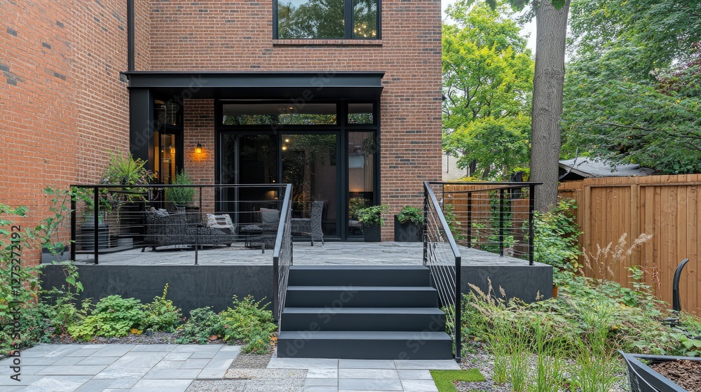 Obraz premium A modern duplex home featuring aluminum handrails in a matte finish, enhancing curb appeal