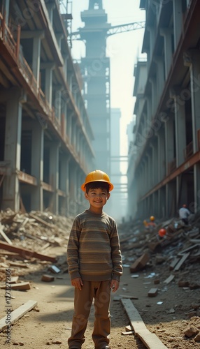 Child wearing safety helmet stands confidently amidst construction site debris in urban landscape during bright daylight