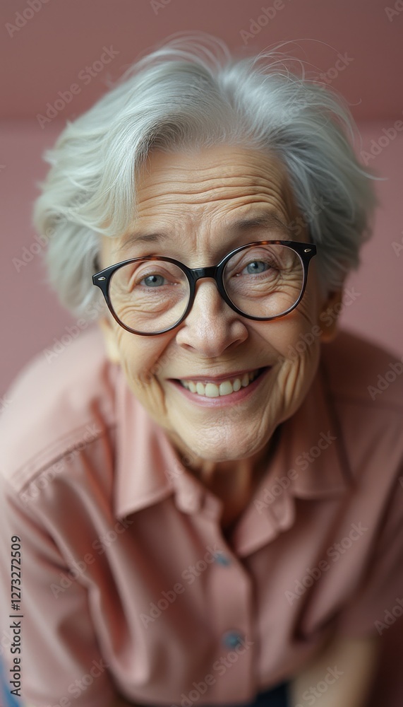 Fototapeta premium Elderly Caucasian person with glasses smiling warmly in a relaxed indoor setting during daylight