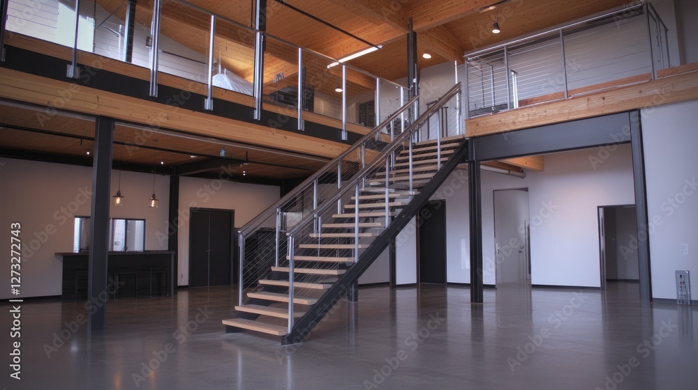 Obraz premium A modern industrial loft featuring aluminum and glass railings along a mezzanine level