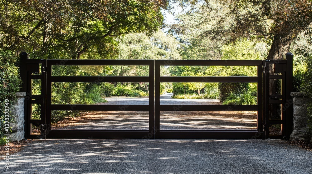 A modern industrial-style aluminum gate with a dark metal finish, perfect for urban spaces A modern industrial-style aluminum gate with a dark metal finish, perfect for urban spaces
